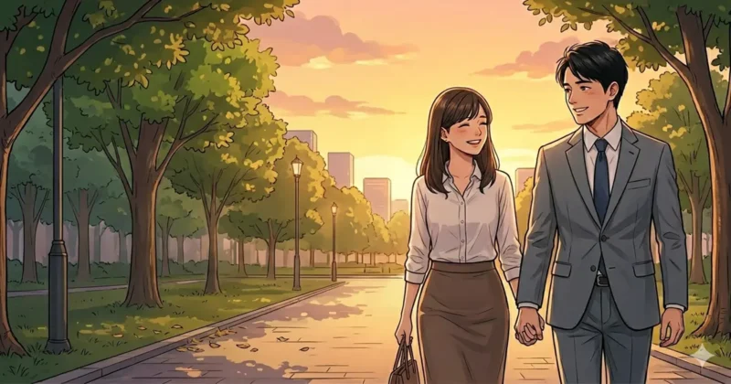 職場の彼氏持ち女性だった彼女と脈ありから付き合うことになり、夕暮れの公園を仲睦まじく手を繋いで歩くカップルの様子