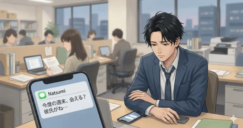 職場で彼氏持ちの女性に脈ありを感じながらも、都合のいい男ポジションから抜け出せず悩む男性のイラスト